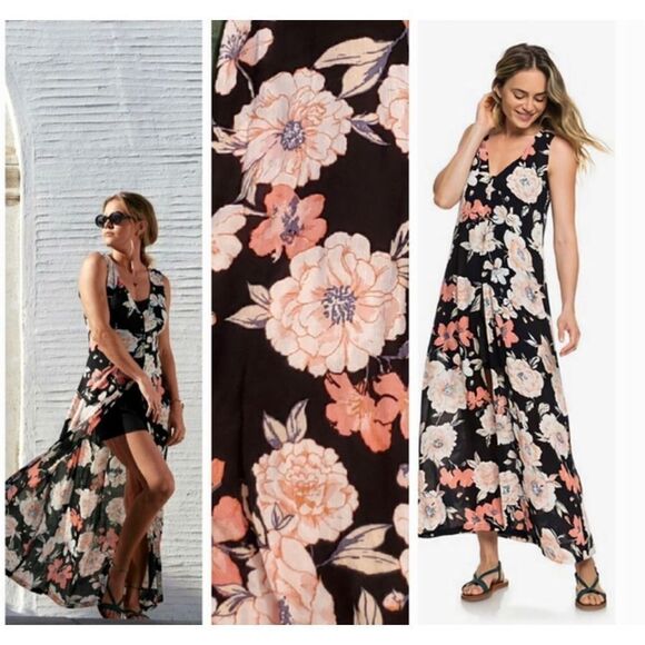 Roxy Flowers Crown Maxi Overlay Romper Dress Size S - Picture 1 of 14